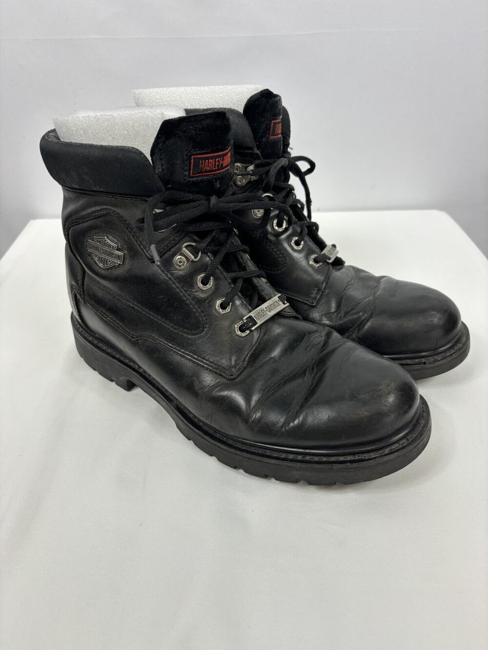 Harley Davidson Lace Up Ankle Boots Black Leather 11.5 Lug Sole Pewter Logo